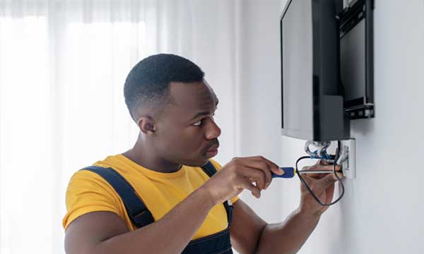 TV and electronics repair technician servicing a smart TV in Nairobi
